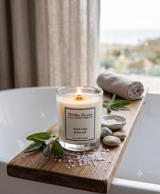 soy candle with a wooden wick + WOOD SAGE SEASALT
