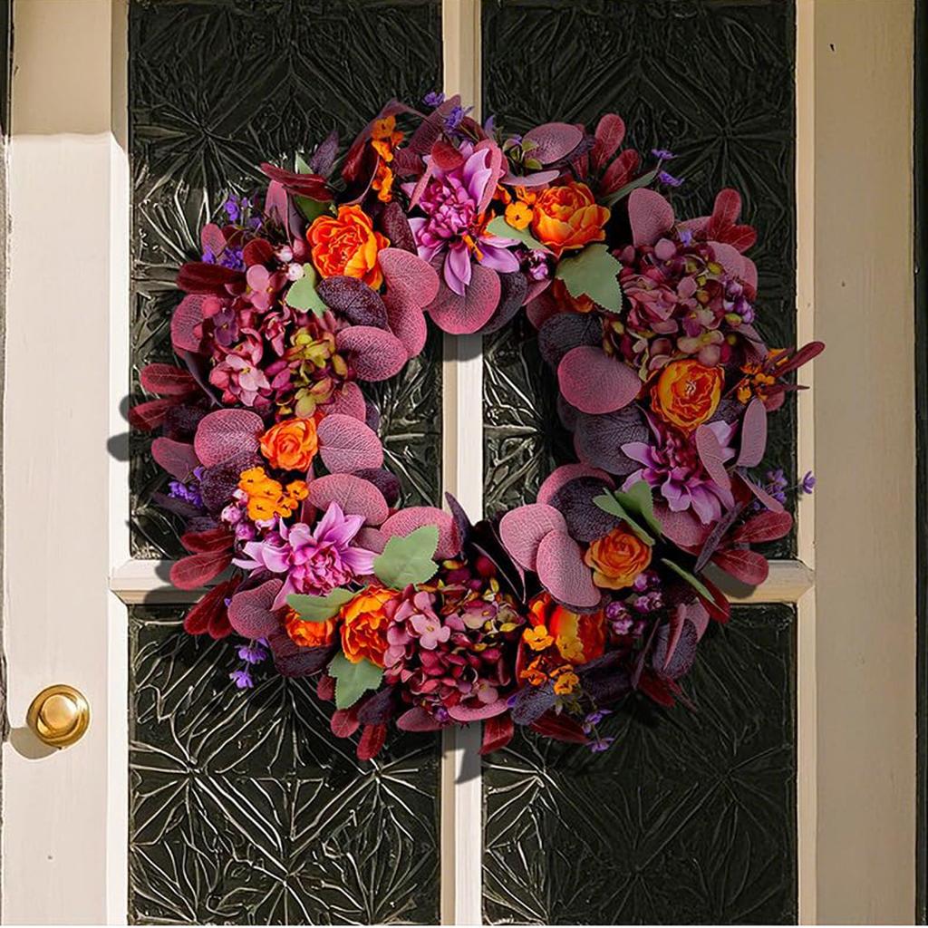 Artificial Fall Wreath With Orange Roses, Purple Hydrangeas, Leaves, 18-inch Front Door Decor