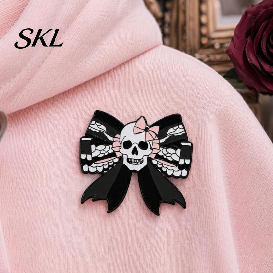 Thickened Metal Brooch Pin, Enamel Skull Bow Design Brooch, Halloween Style Snap-On Bright Color Pin Badge for Backpacks Collars Hats Holiday