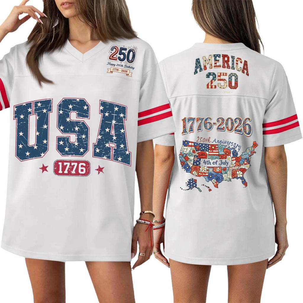 Damska Codzienna Modna Koszulka Sportowa z Dekoltem V z Nadrukiem na Dzień Niepodległości Krótkim Rękawem Top