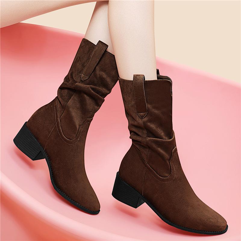 

Autumn and winter new boots women s small height-increasing boots women s thick heel medium leather boots pleated versatile pile boots 40