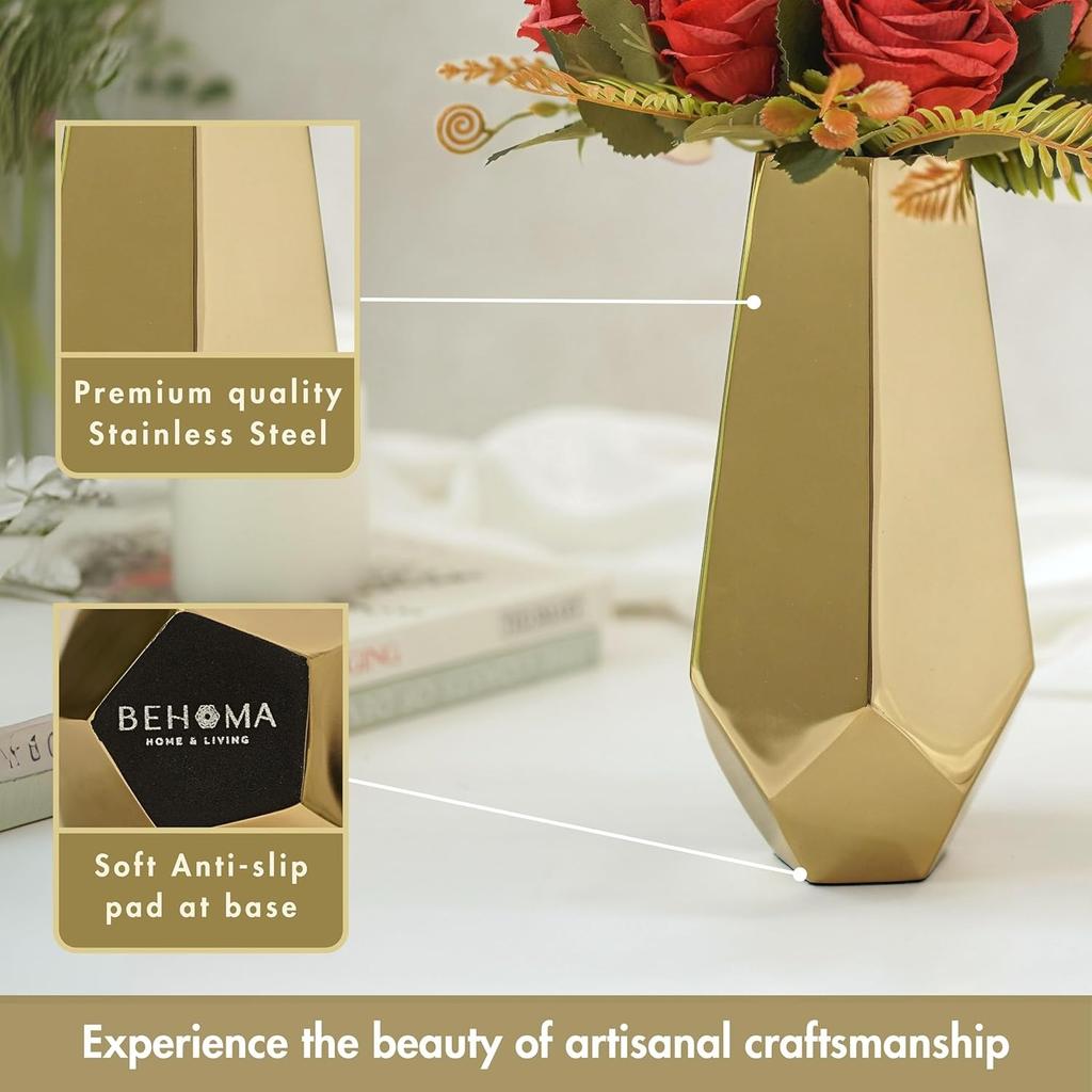 Metal Flower Vase, Designer Stainless Steel Prism Glow Flower Vase (Gold, Pentagonal),  Behoma
