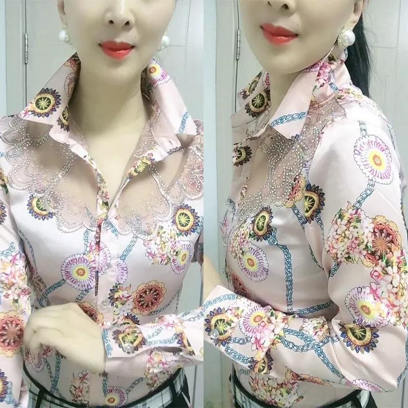 Women'S Blouse Tops Summer Lace Chiffon Shirts Lapel Stitching Printing Buttons Female Blusas Offce Lady Shirts Chemises Fleurs