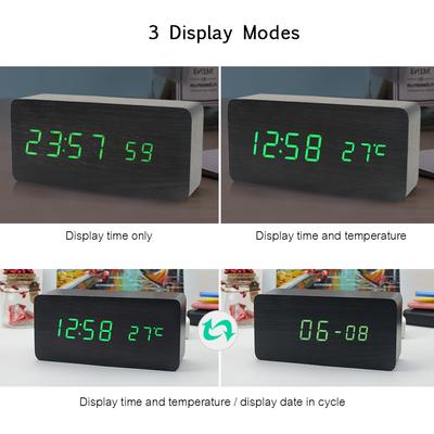Electronic LED Digital Wooden Alarm Clock Time  Temperature  Date Display Desktop Clock 3 Levels Brightness Voice