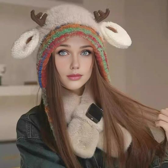 Christmas Deer Hat Handbag 2-in-1 Knitted Reindeer Cap Windproof Foldable Lightweight Packable Knit Hat Winter Travel Accessory