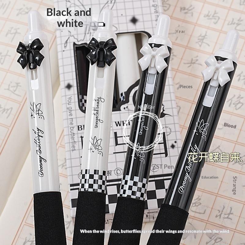 4 Peças Caneta Pressão Laço Preto e Branco Pegada Macia Super Alto Valor Pincel 0.5Mm Questão Secagem Rápida Pressionar Desenho Animado Caneta Neutra