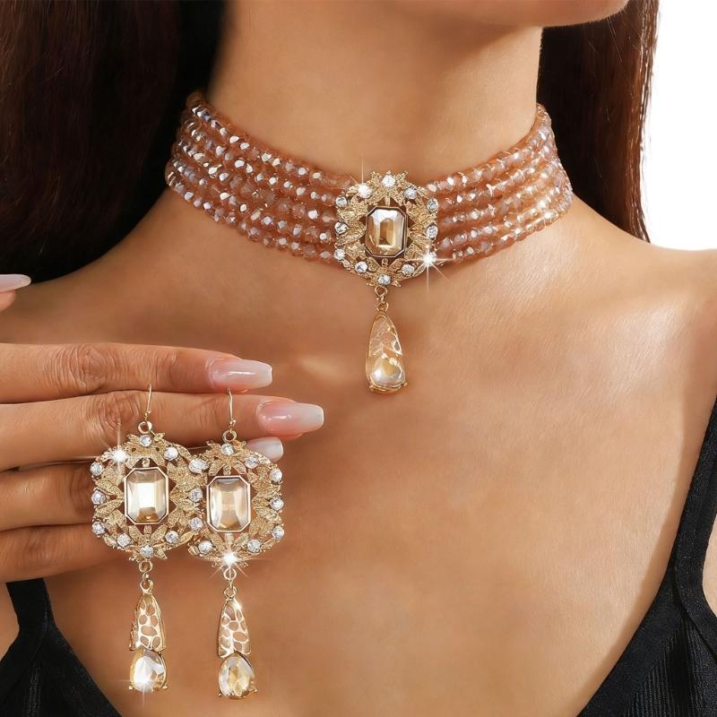 Stylish Layer Rhinestones Waterfall Necklace With Matching Earrings Jewelry Set