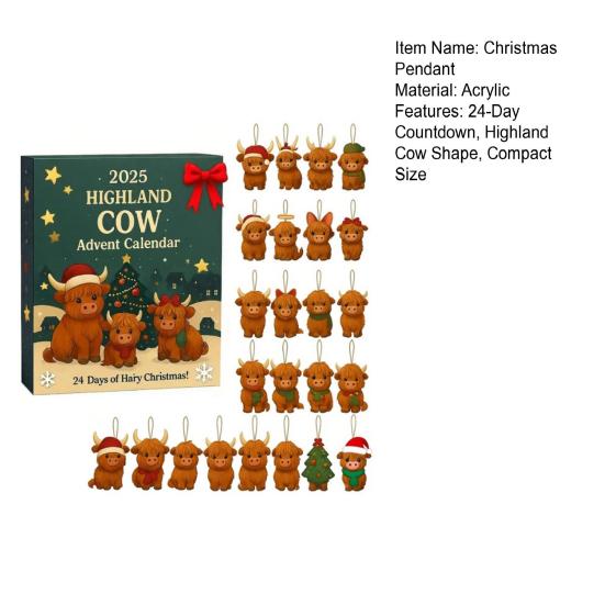 Christmas Pendant Advent Calendar Box Highland Cow 24-Day Countdown Ornament Holiday Party Decoration