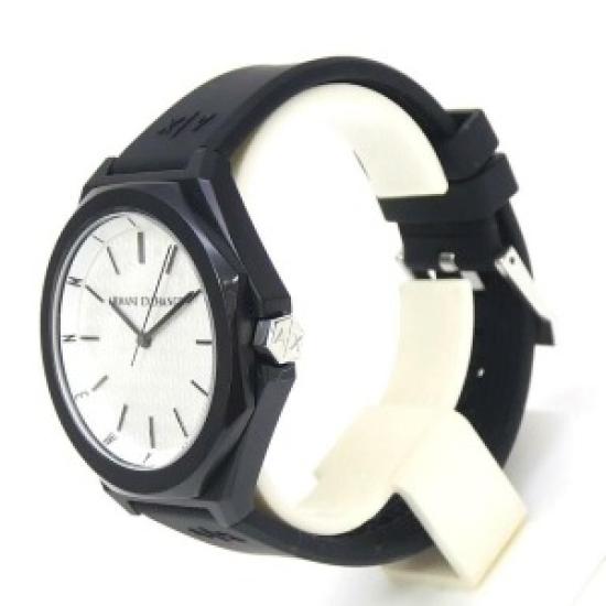 Open Box Armani Exchange AX4600 Classic Signature Quartz Watch – White Dial, Black Silicone Strap