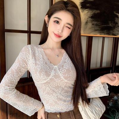 Lace Sexy V-neck Women's Long Sleeve T-shirt with Chest Pads