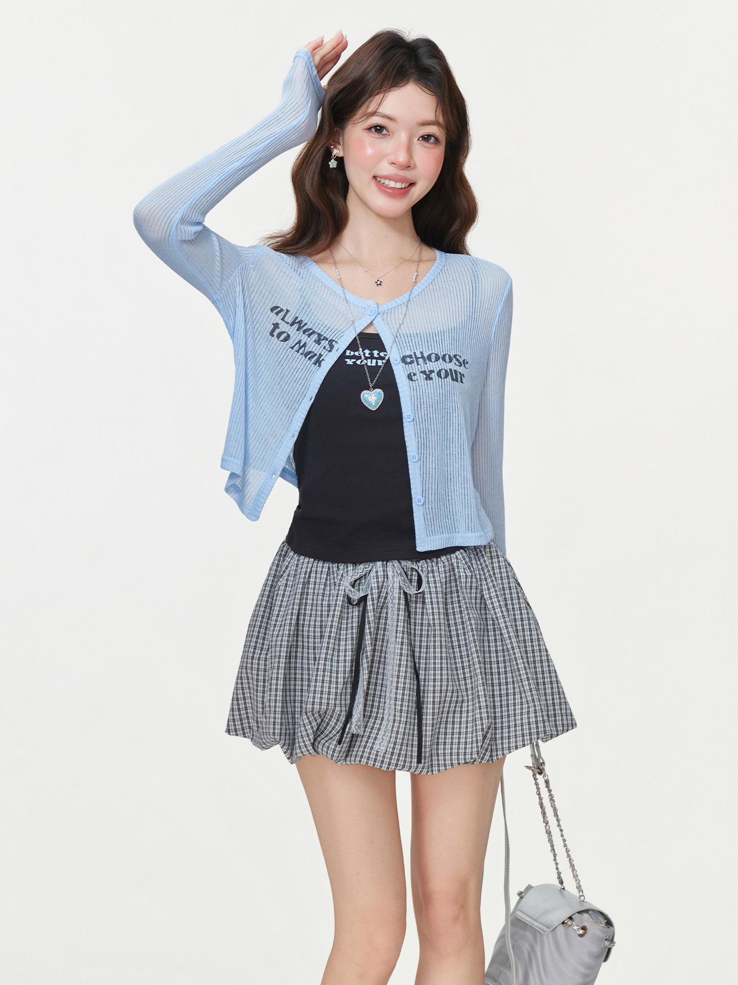 

Blue letter print crew neck long-sleeved cardigan with women s spring loose and thin T-shirt design top S синий