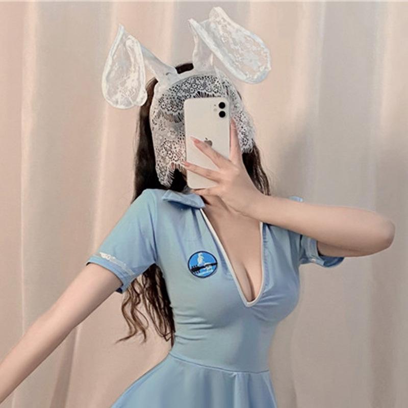 Sexy Sex Uniform Seduction Accessories Hoop Lace Veil Eye Mask Rabbit Ears Black and White
