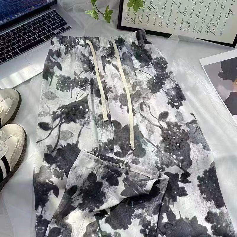Women's High Waist Drawstring Wide Leg Pants Loose Straight Tie Dye Printed Polyester Trousers For Summer Commute Floor Length Casual Wear