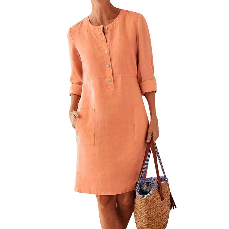 2024 Spring Women's Plus Size Long Sleeve Cotton Linen Round Neck Dress