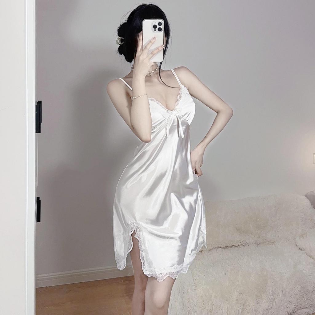 Sleek Lace Satin Camisole Nightgown: Women's Deep V Slit Pajama & Homewear Set