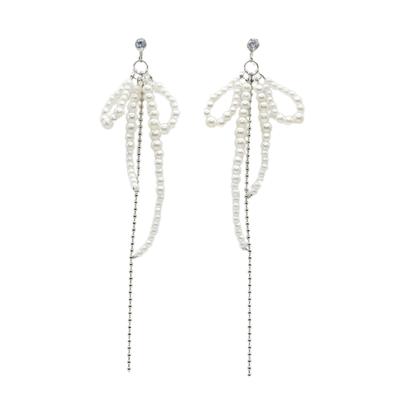 Fashion Pearl Bowknot Tassels Charm Earrings Sweet Dangle Earrings Elegant Long Pendant Earring Temperament Jewelry