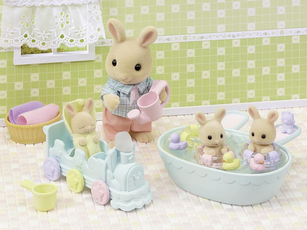 Sylvanian Families Doll and Furniture Set Rabbit Favorite Bath ST Mark Certified Toy Dollhouse for Ages 3 and Sylvanian Epoch [Milk Triplets' Set]