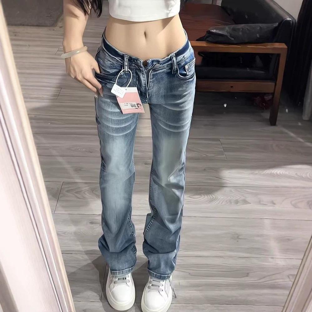 Women s Low Waisted Vintage Washed Micro Flare Jeans Slim Fit Retro Stretch Denim Pants for Summer S синий