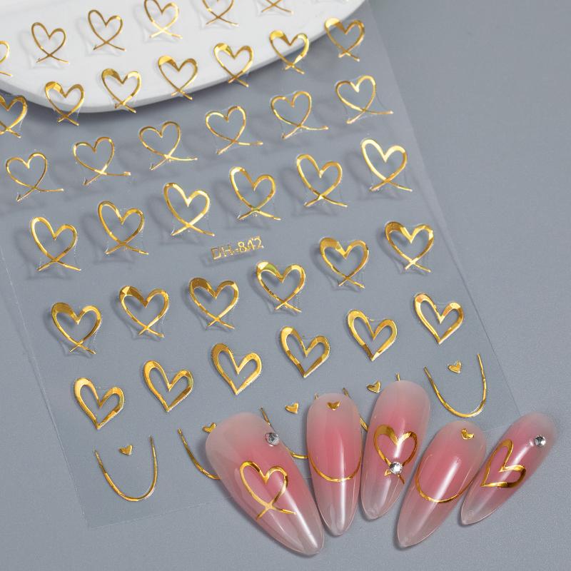 1 Sheet Nail Art Stickers 3D Cute Heart White Gold Silver Lines Love Heart Nail Decals Diy Adhesive Slider Manicure Decorations
