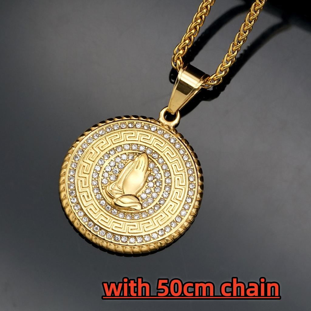 1pc Hip Hop Praying Hands Pendant Stainless Steel for Men Paved Rhinestone Gold Colour Necklace Jewelry