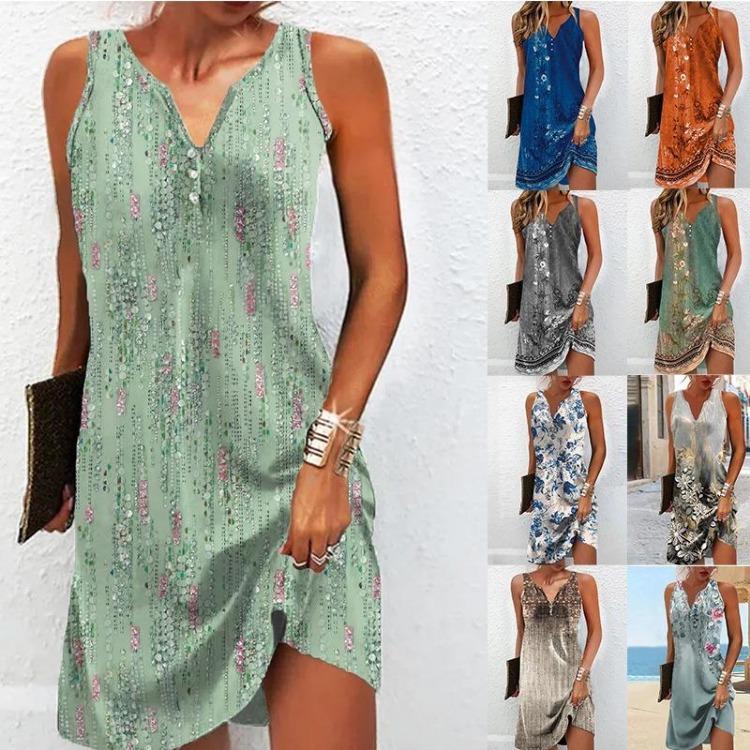 Women Casual Midi Dress Notched Neck Floral Print Sleeveless Clothing