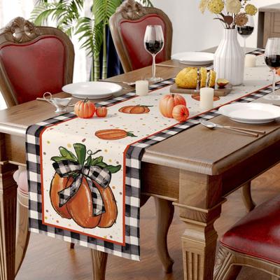 Herbstlicher Leinen-Tischläufer, Kürbis, schwarz-weiß kariert, Thanksgiving, Küchendekoration, für drinnen und draußen, Esstisch, Tischläufer