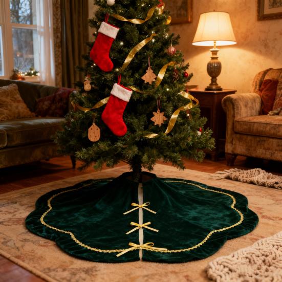 Sukně pod vánoční stromek Sametová chlupatá mušlová sukně pod stromek se zlatou krajkovou lemovkou pro rustikální vánoční svátky Domácí vnitřní party dekorace