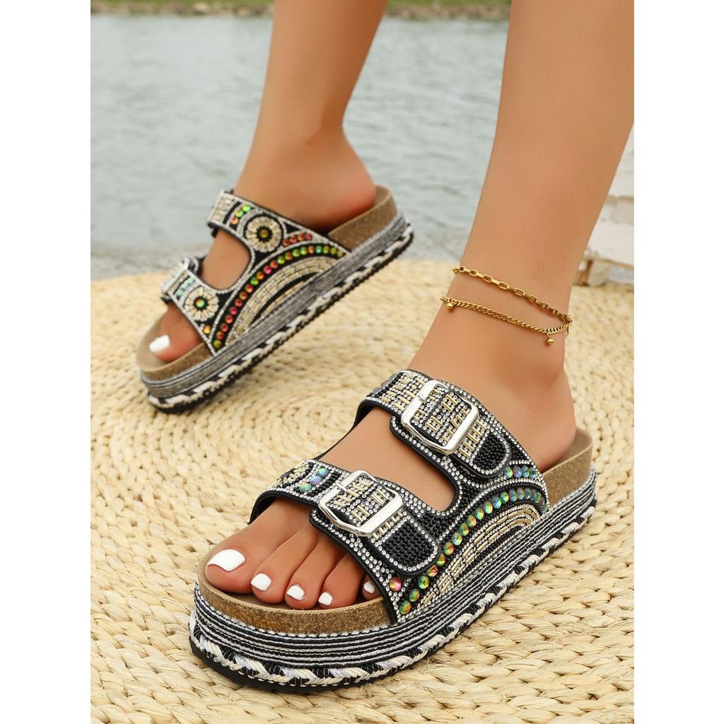 New Summer Rhinestone Platform Slippers - Women’s Plus Size Belt Buckle Slides for Outdoor Wear