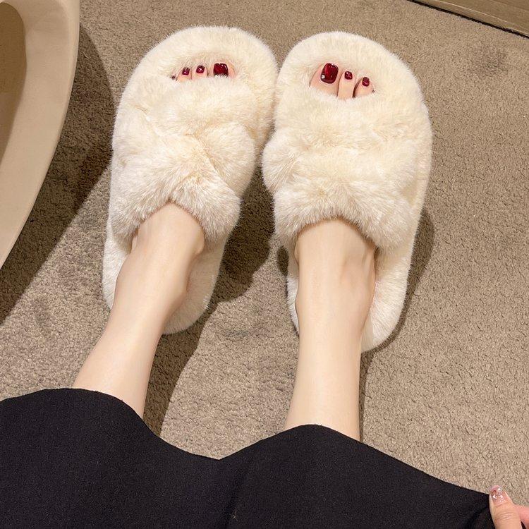 

2024 зимние теплые женские меховые меховые тапочки для дома, пушистые и мягкие домашние шлепанцы, нескользящая домашняя обувь на толстой плоской подошве на плоской подошве 35