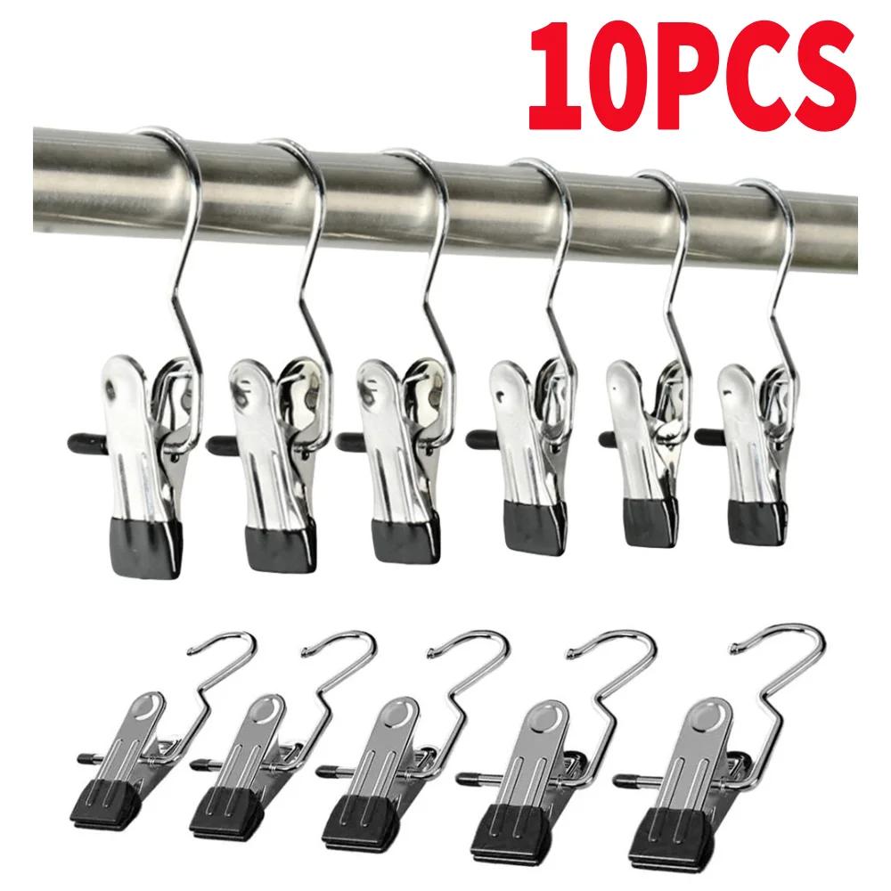 10pcs Stainless Steel Clothespin Pants Clamp Non-slip Trouser Hanger Practical Multi-function Durable Exquisite with Swivel Hook