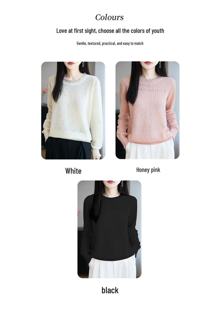 Lace Bead-Embellished Wool Sweater with Loose Comfortable Fit and Exquisite Lace Design for Fall/Winter Versatile Style