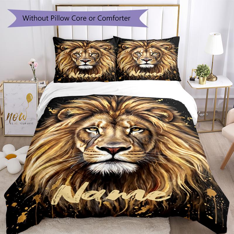 3pcs Custom Name Lion Bedding Set Duvet Cover Closure Includes 1 Duvet Cover & 2 Pillowcases, Soft and Comfortable for All Seasons.