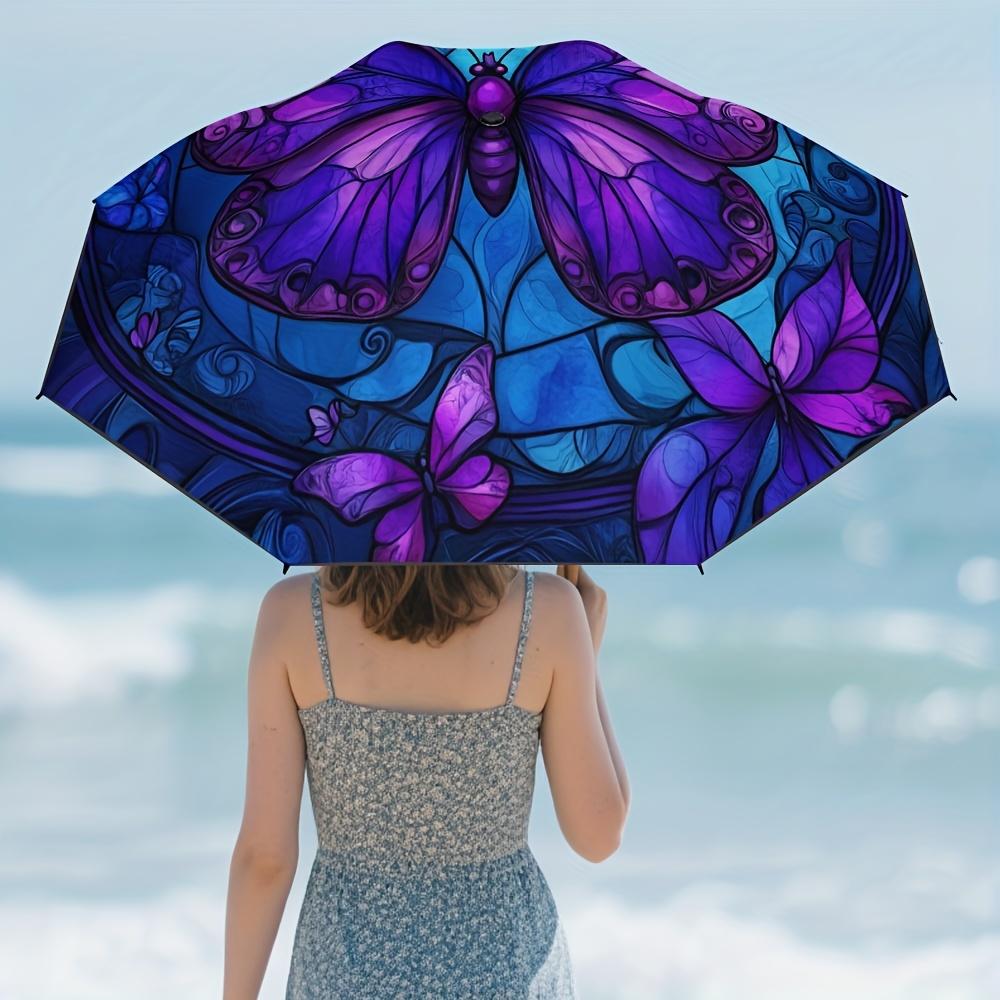 1pc Open/Close Blocking Umbrella with Glow-in-the-Dark Purple Butterfly & Blue Stained--like pattern, 8-Rib Heavy-Duty Frame,