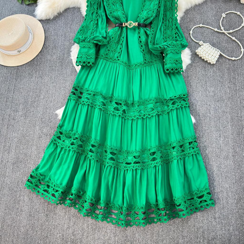 Elegant Crochet Lace Dresses for Women Hollow Out O Neck Lantern Sleeve A Line Belted Vestidos Court Style Dress Dropship