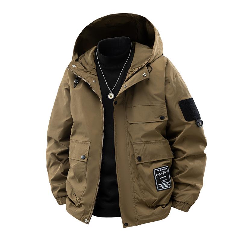Solid Color Jacket Men's Spring and Autumn Loose Trendy Workwear Outdoor Waterproof Casual Hooded Jacket Jacket