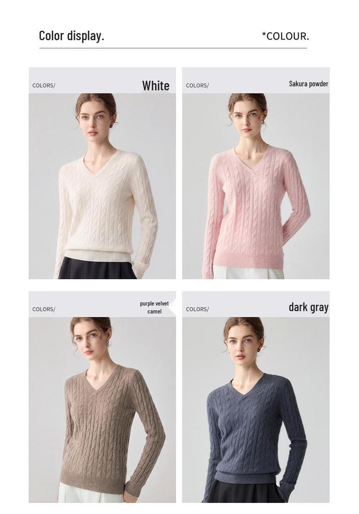 Damen Schlank geschnittener V-Ausschnitt Kaschmirpullover - Herbst/Winter Zopfmuster Langarm Einfarbige Basis Schicht