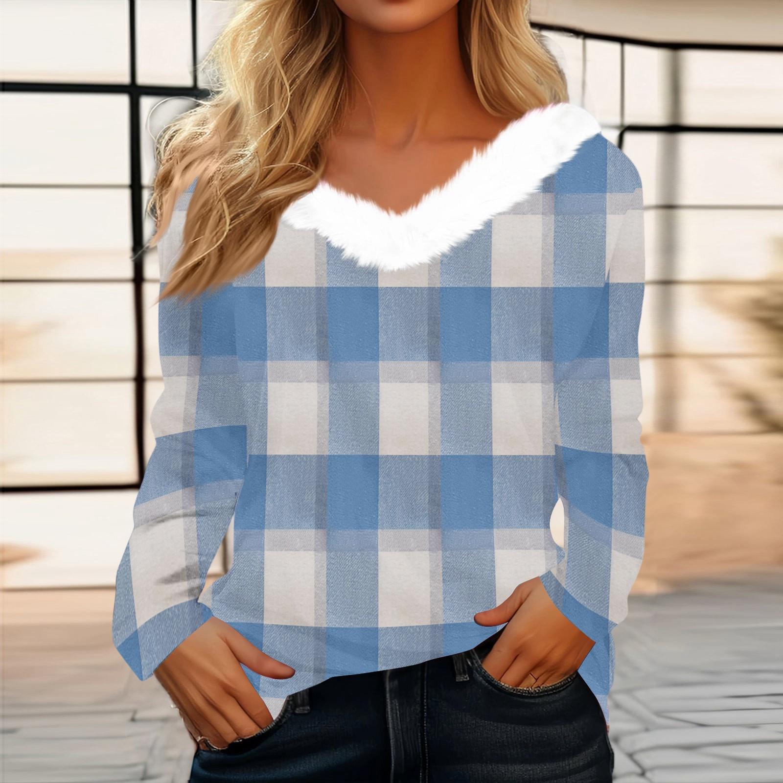 

Women s Fashion Long Sleeve Plaid Print Fleece Collar V-Neck Top XL небо синє кольору