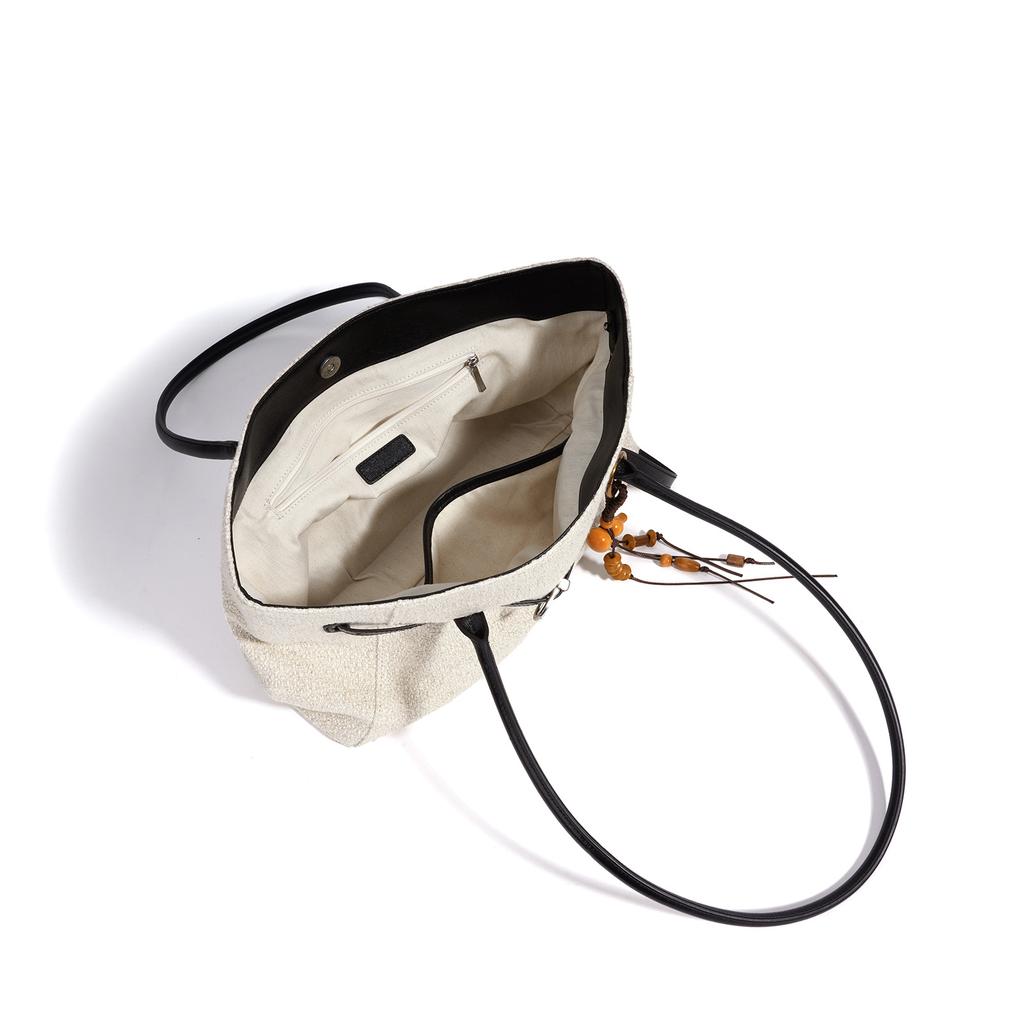 New casual large-capacity shoulder bag, linen patchwork top-layer cowhide underarm bag, Korean-style tote bag