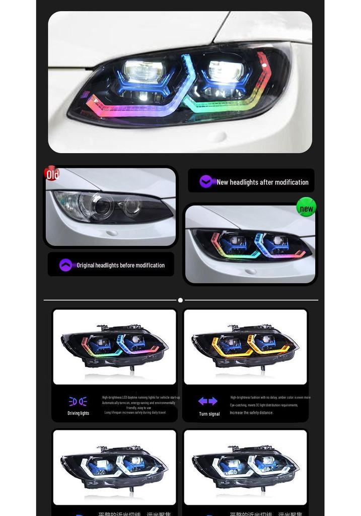 BMW 3 Series E92 E93 M3 RGB Headlight Assembly with Colorful Daytime Running Lights and Turn Signals (2005-2010).