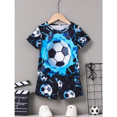 Summer Young Boy Short Sleeve T-Shirt And Shorts Set, Cool Soccer Pattern Print