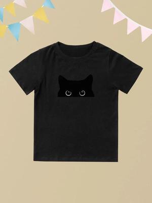 Round Neck Printed Pattern Pullover Short Sleeve Kids Tops Black Cat