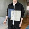 Men's Black Patchwork Striped Shirt, Casual Long Sleeve Button Down Color Block Top for Daily Wear