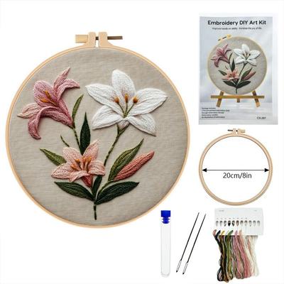Elegant 20cm Embroidery Kit Lily Flower Pattern Handmade Cross Stitch Kit Single-side DIY Embroidery Kit For Beginner
