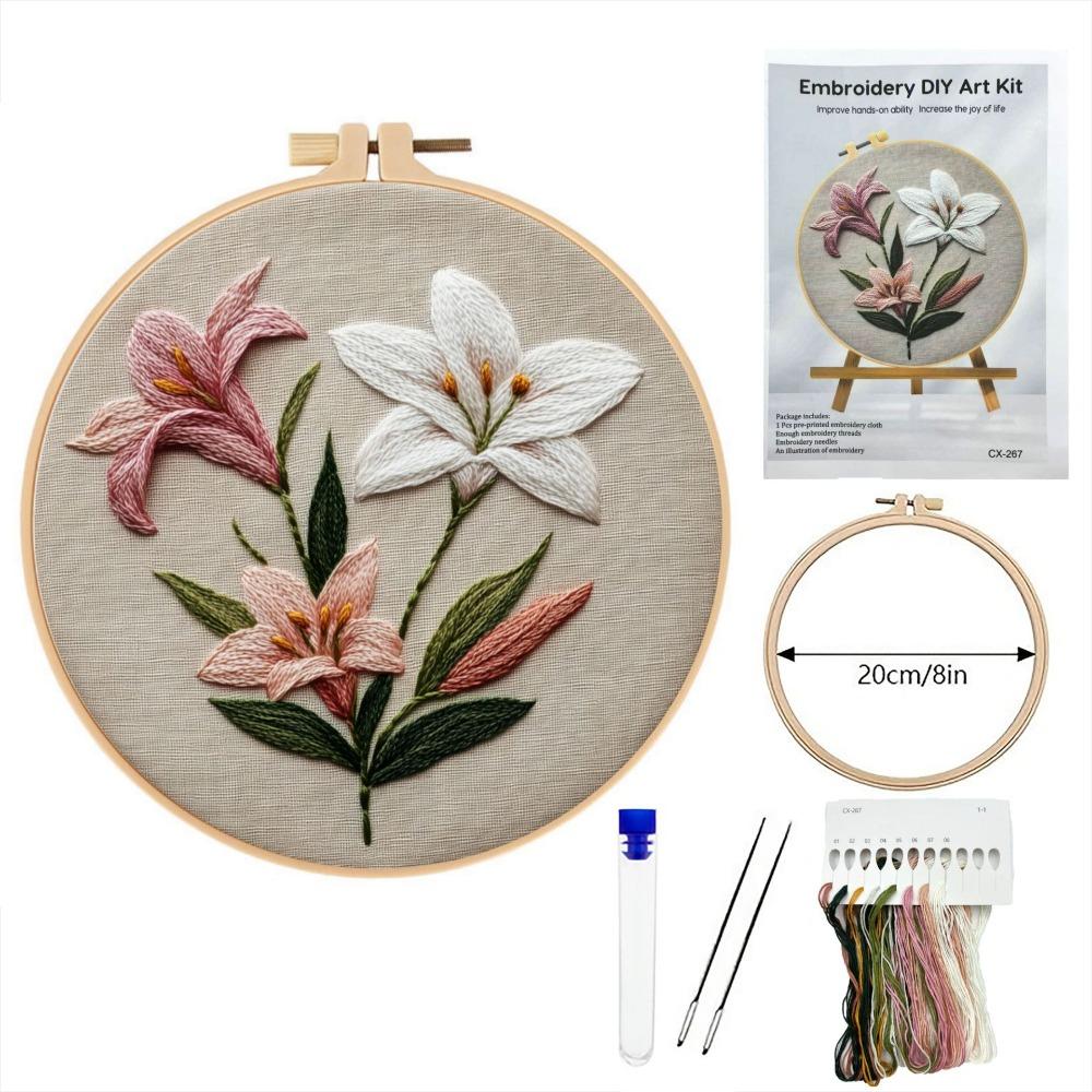 

Elegant 20cm Embroidery Kit Lily Flower Pattern Handmade Cross Stitch Kit Single-side DIY Embroidery Kit For Beginner