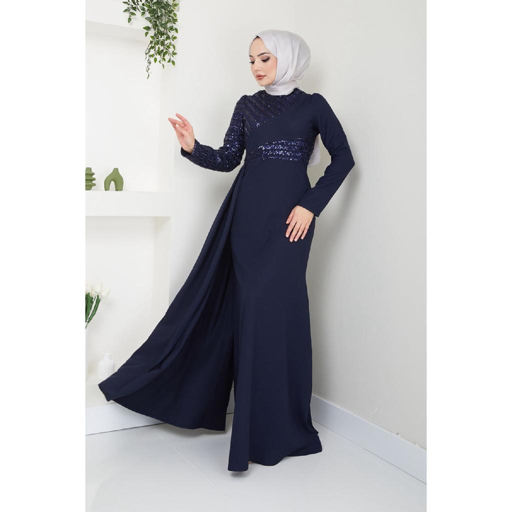 Damenbekleidung Abendkleid Mode Pailletten Cape Hijab Fisch Abendkleid 2711 Schwarz