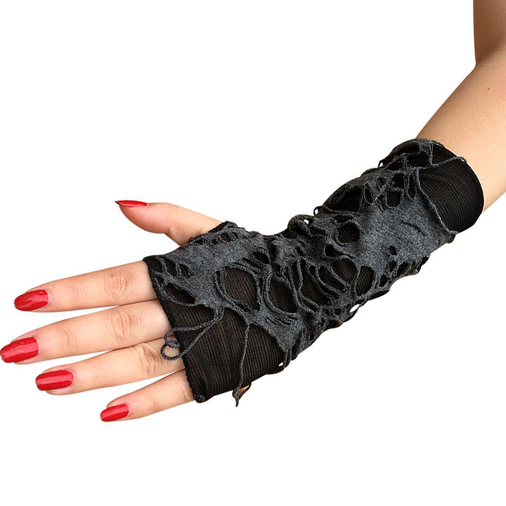 Party Masquerade Black Fingerless Arm Warmer Long Punk Mittens Beggar Style Hole Halloween Gloves