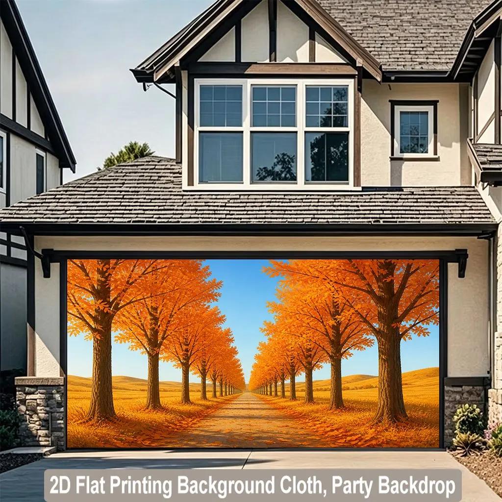 2D flat surface 1 piece of landscape autumn trees path background banner suitable for home garden studio