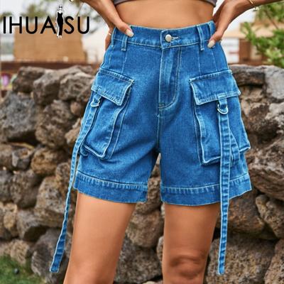 Damen Denim Arbeitsjeans Lässige Taschen-Shorts Hosen mit elastischem Bund