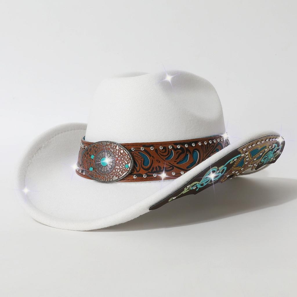 Autumn and winter men's and women's rolled-edge cowboy hat with heavy-duty belt decoration and patches