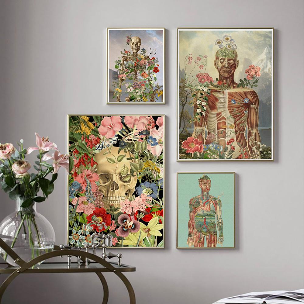 Gift Flowers Skull Print Poster Anatomical Medical Art Illustration Body Abstract Skeleton Canvas Painting Doctor Office Decor